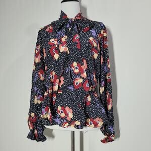 Yumi Kim Julie Top Granada Black Spotted Floral Print Long Sleeve Neck Tie Small
